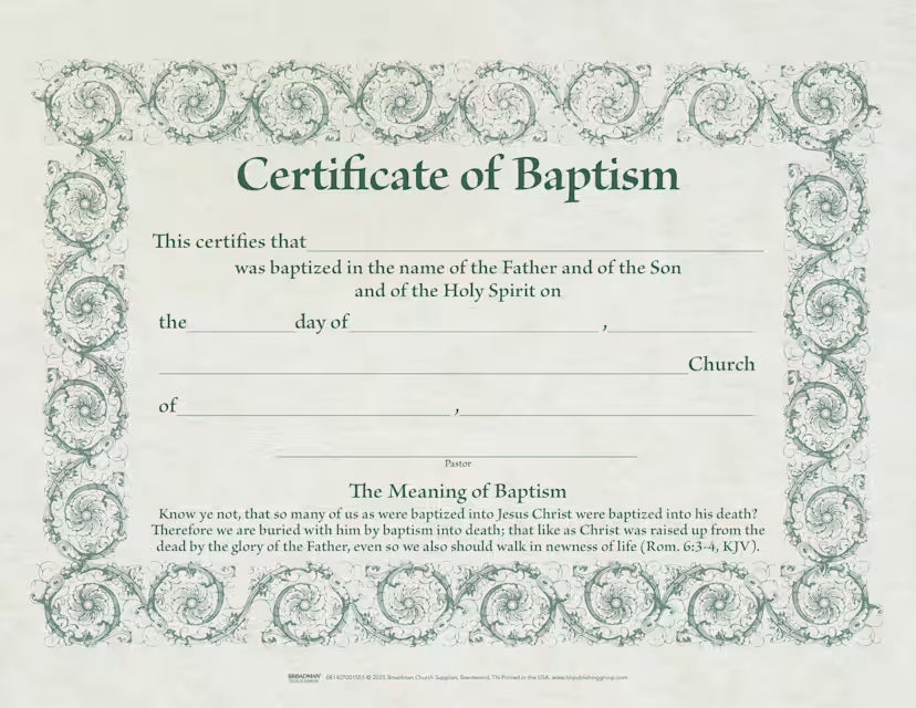8.5 x 11 in. Certificate - Baptism Romans 6-4 - Pack of 6 8.5 x 11 in. Certificate - Baptism Romans 6-4 - Pack of 6