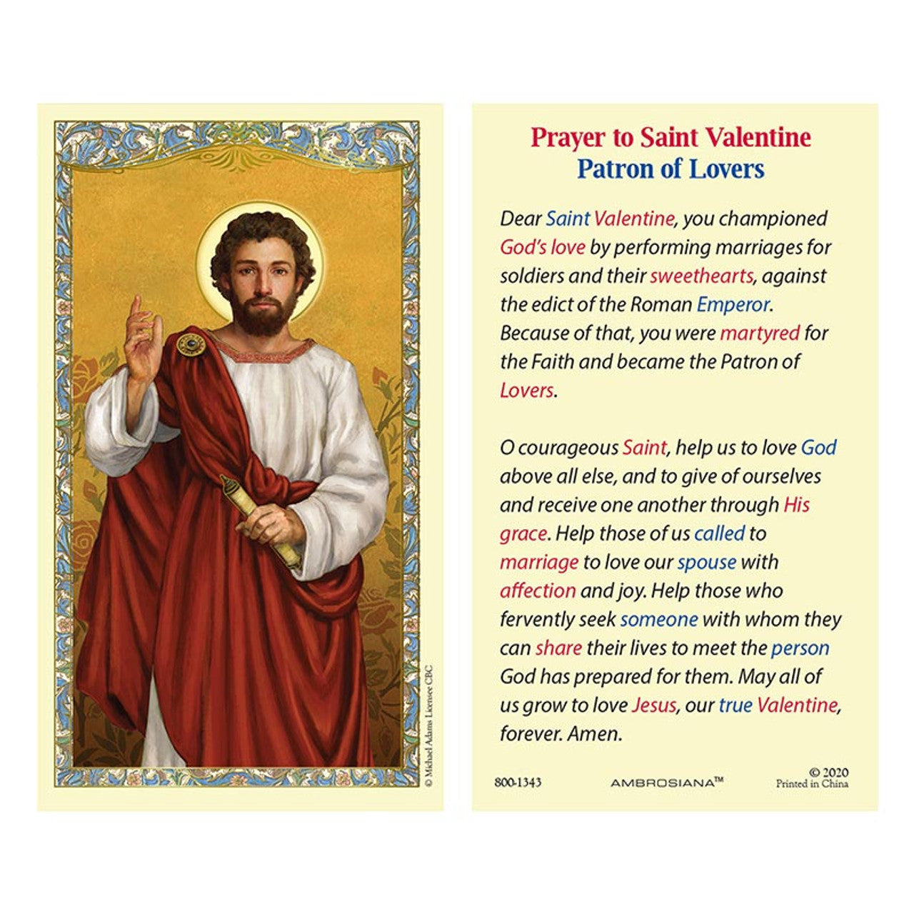 Saint Valentine Laminated Holy Card | Patron of Lovers | Pack of 25 ...