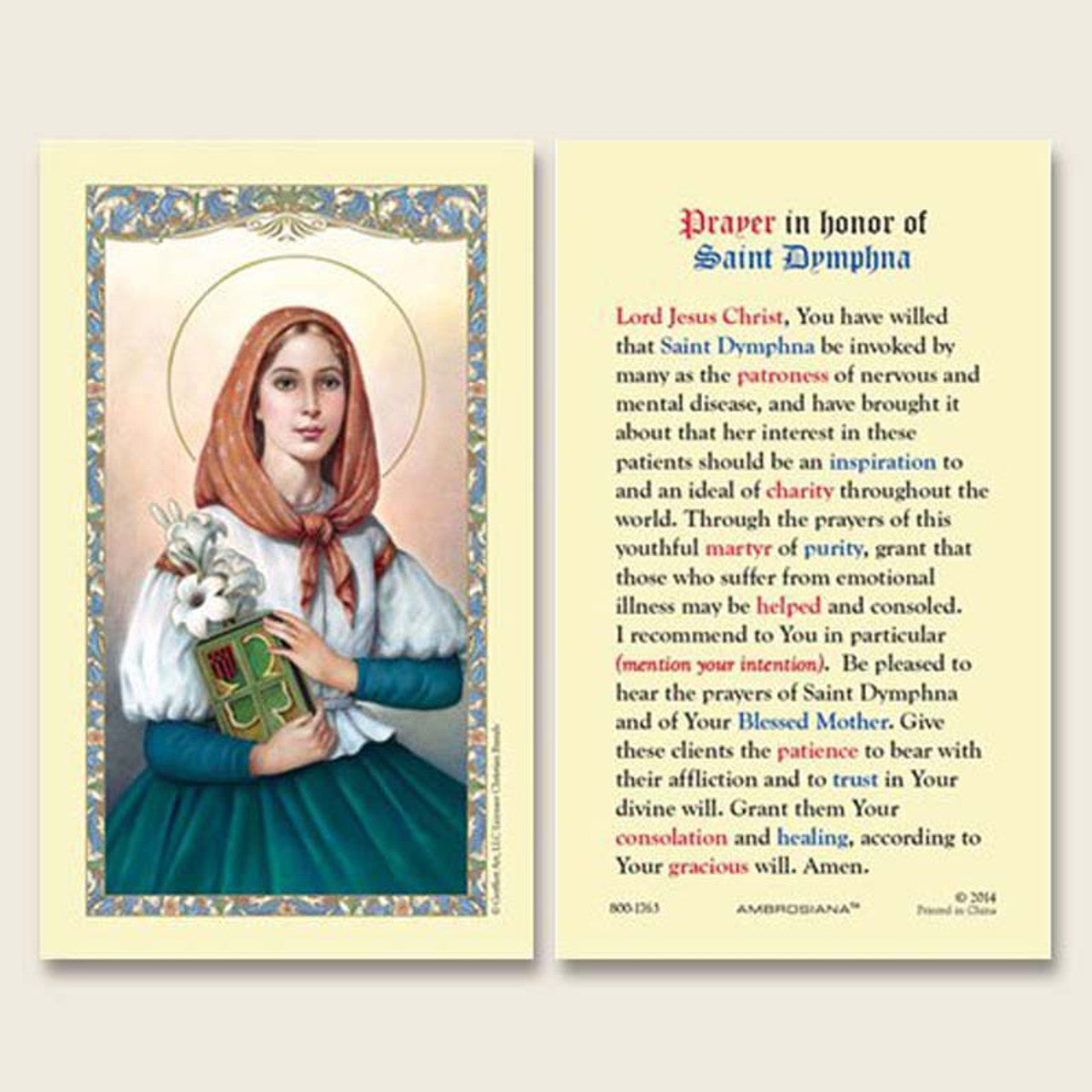 Saint Dymphna Laminated Holy Card | Patroness of Mental Health | Pack ...
