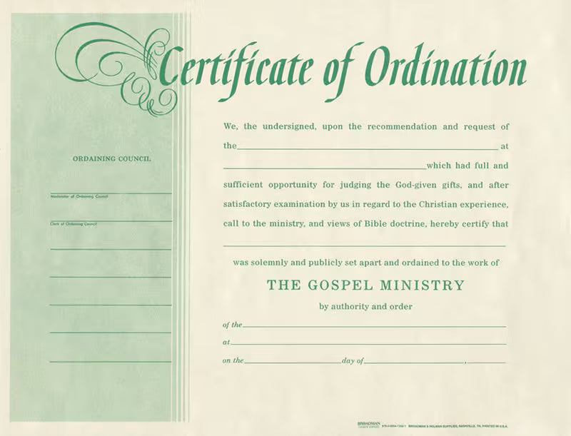 Certificate of Ordination for Minister - Pack of 6 by Broadman and Holman