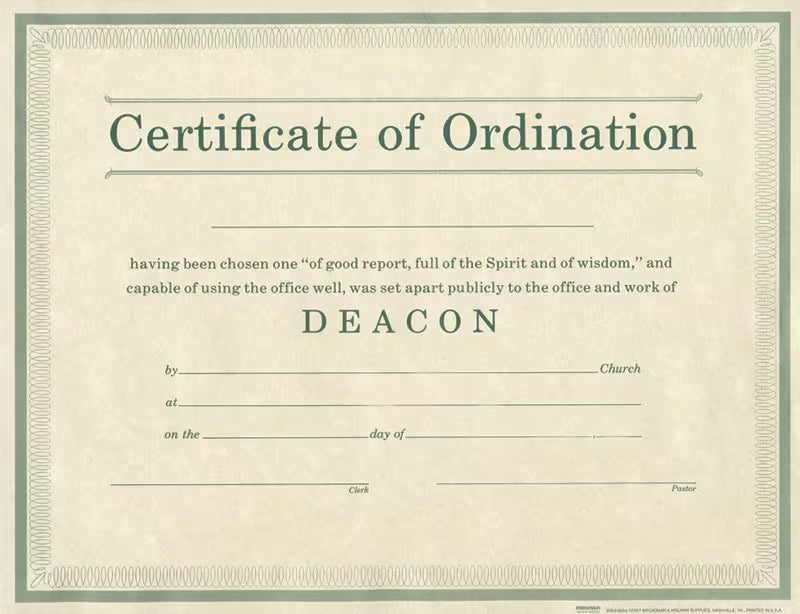 Certificate of Ordination for Deacon - Beige Parchment and Green Print (Package of 6)