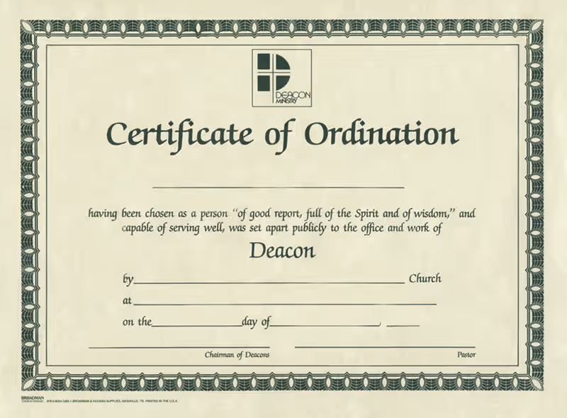 Certificate of Ordination for Deacon - Beige Parchment and Green Print (Package of 6)