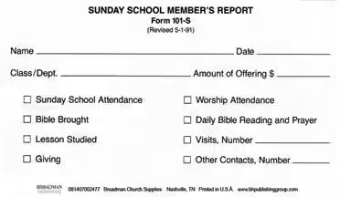Sunday School Member's Report (Pad of 100 Slips): Form 101-S