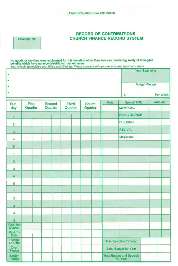 Record of Contributions - Church Finance Record System (Package of 100): Form CF-11
