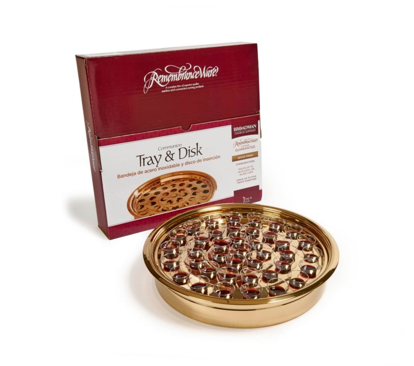 Brass or Silver Stainless Steel Communion Cup Tray, one of the items in the RemembranceWare Silver Finish Communion Set: Cup Tray, Cover, Base, Bread Insert and Storage Pouch. A photograph of the assembled set is pending.