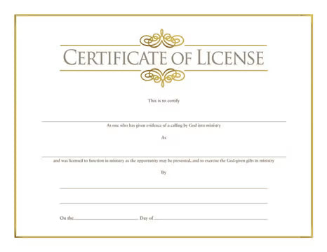 Certificate of License for Minister - Foil Stamped (Package of 6): Measures 8.5" x 11"