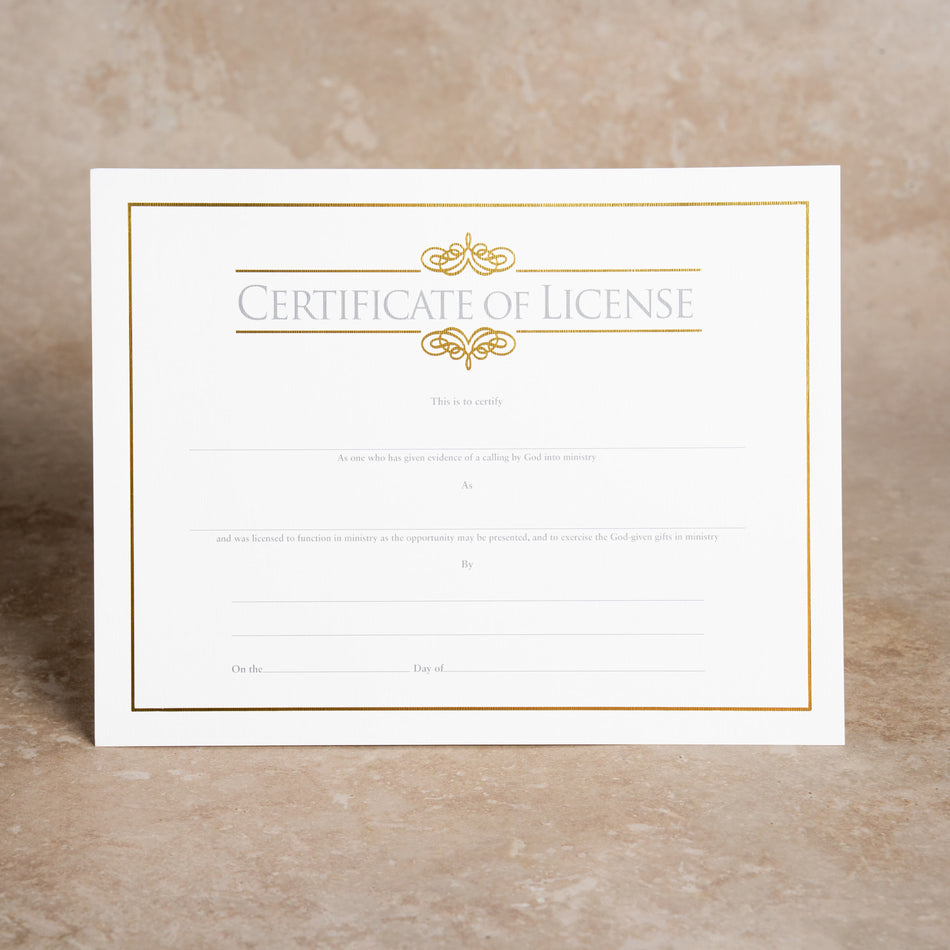Certificate of License for Minister - Foil Stamped (Package of 6): Measures 8.5" x 11" by Broadman and Holman