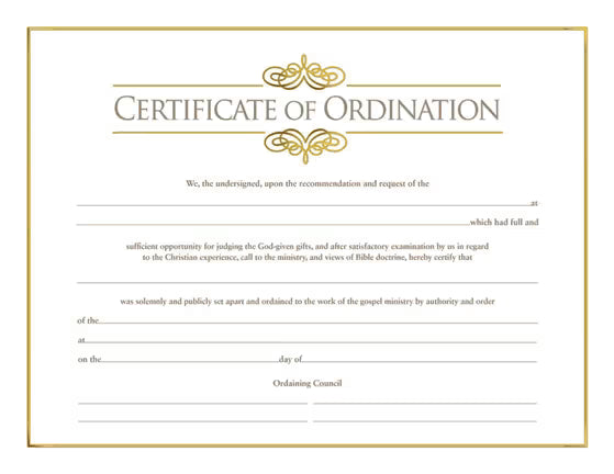 Certificate of Ordination for Minister - Foil Stamped (Package of 6): Measures 8.5" x 11"