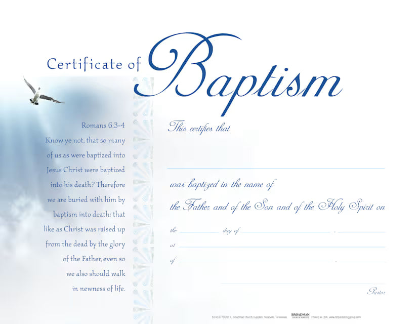 Certificate of Baptism - Flat with Clouds (Package of 6): Romans 6:3-4 (KJV)