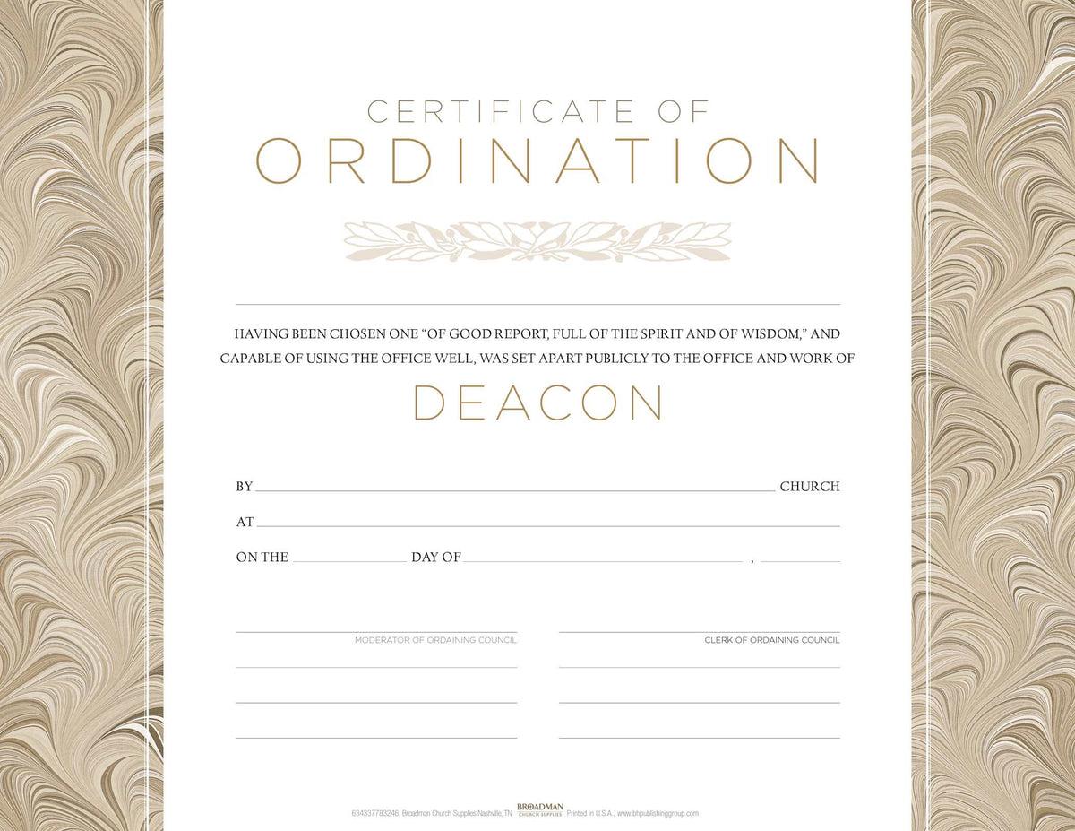 Certificate of Ordination for Deacon – Flat Opaque | Parchment-Look 8.5″×11″ | Pack of 6 by Broadman and Holman