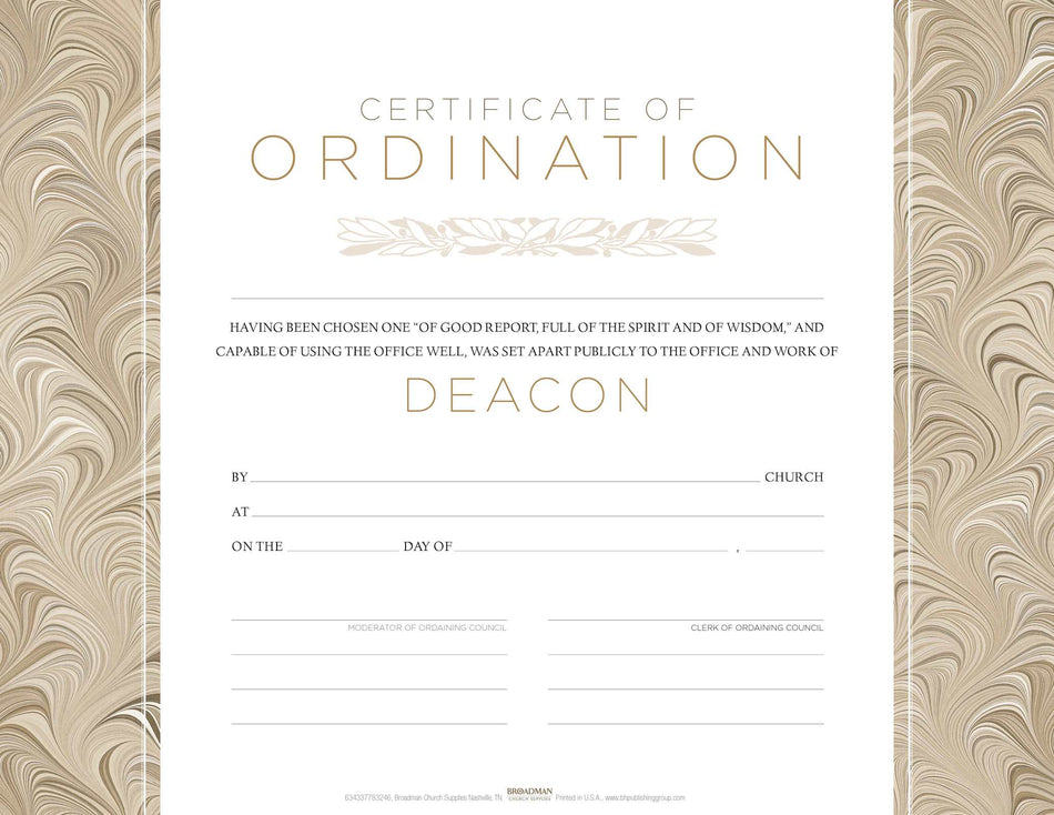 Certificate of Ordination for Deacon – Flat Opaque | Parchment-Look 8.5″×11″ | Pack of 6 by Broadman and Holman