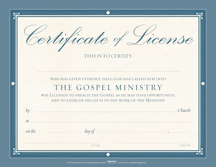 Certificate of License for The Gospel Ministry - Flat Parchment (Package of 6)