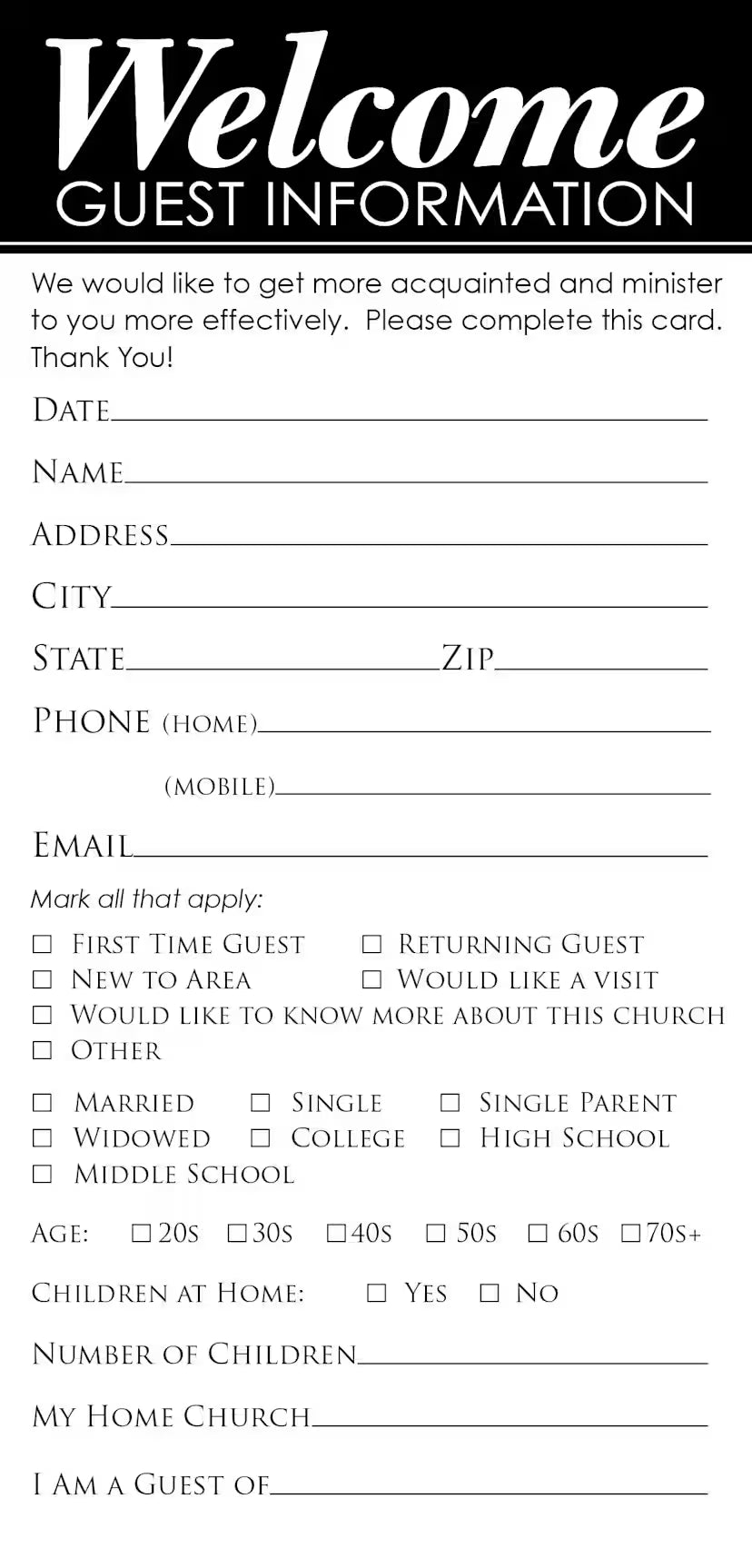 Guest Information Card - Welcome (Package of 50)