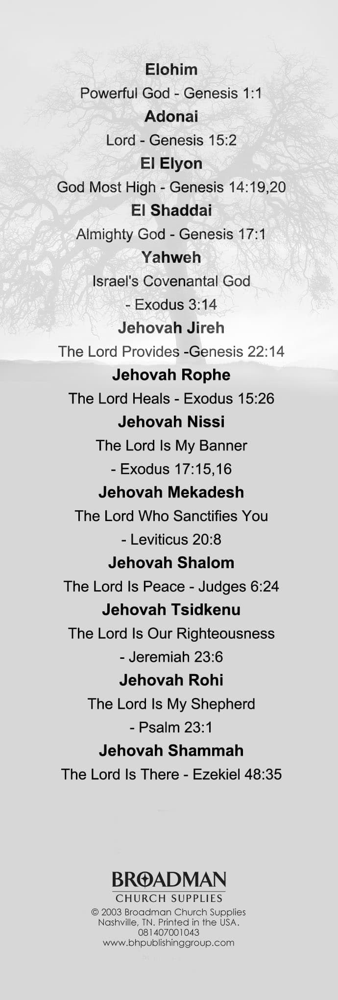 General Worship Bookmark: Names of God - Old Testament (Package of 25) by Broadman and Holman, product view 2