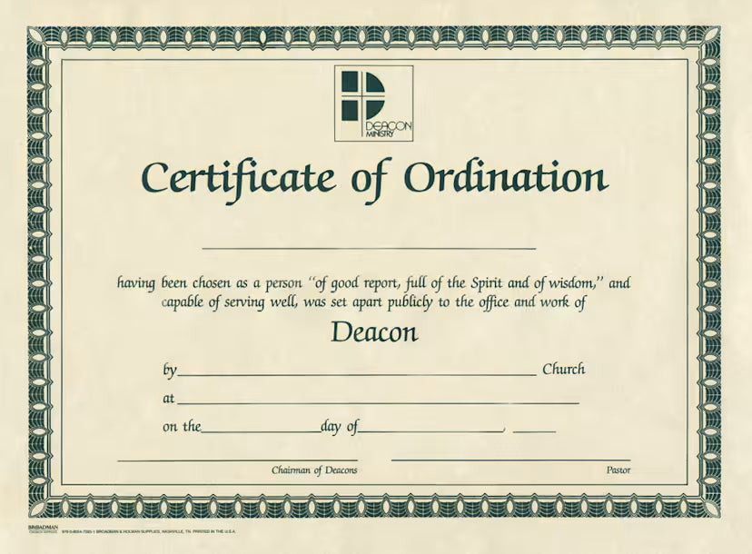 Certificate of Ordination for Deacon - Beige Parchment and Green Print (Package of 6)