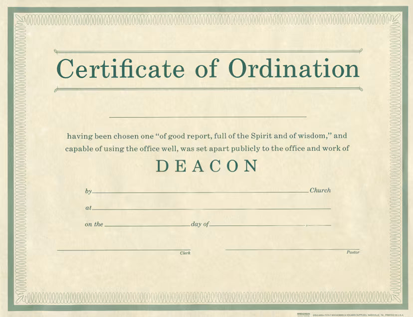 Certificate of Ordination for Deacon - Beige Parchment and Green Print (Package of 6)