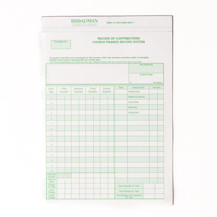 Record of Contributions - Church Finance Record System (Package of 100): Form CF-11