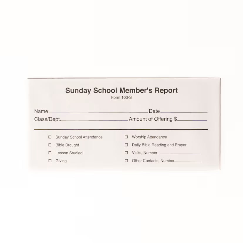 Offering Envelope: Sunday School Member's Report - Bill-Sized (Package of 100): Form 103-S
