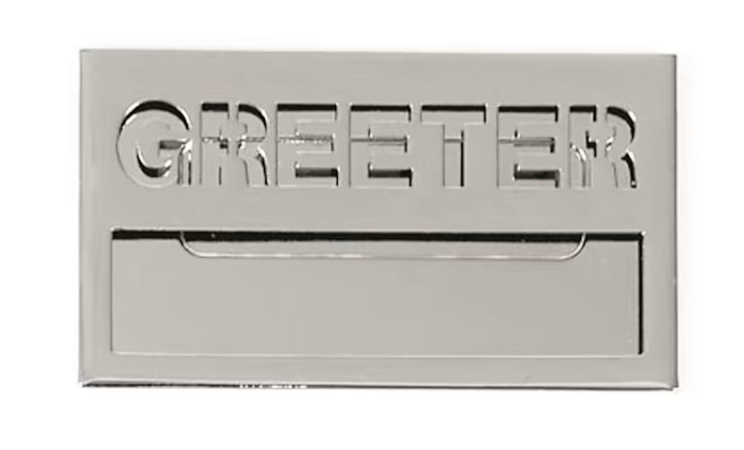 Greeter Badge with Cut-Out Lettering - Silver Finish: Magnetic Attachment