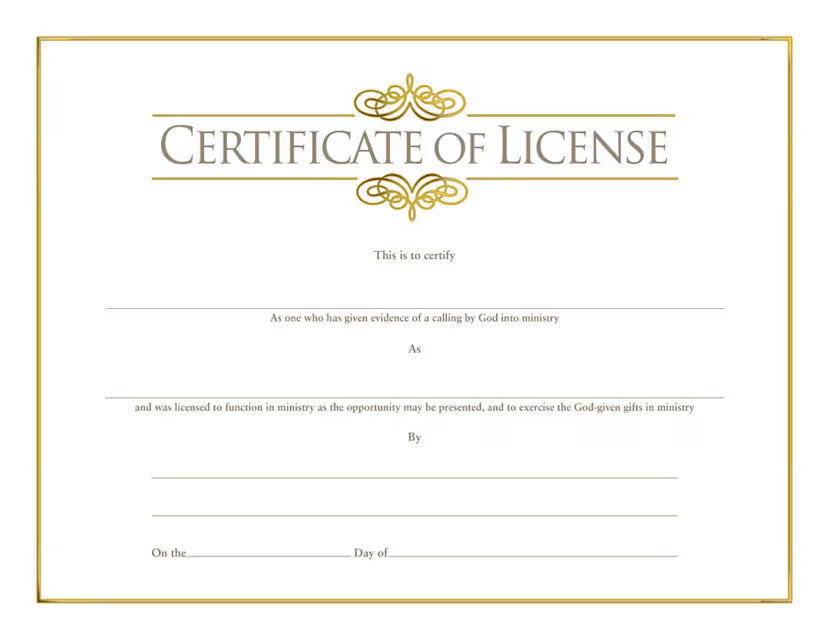 Certificate of License for Minister - Foil Stamped (Package of 6): Measures 8.5" x 11"