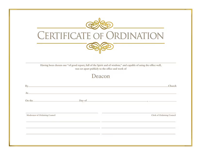 Certificate of Ordination for Deacon - Foil Stamped (Package of 6): Measure 8.5" x 11"