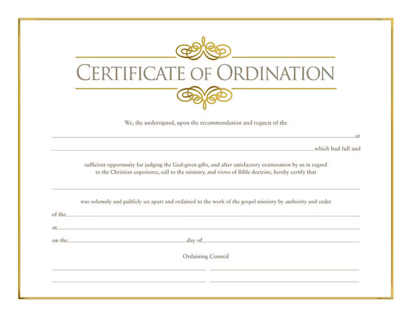 Certificate of Ordination for Minister - Foil Stamped (Package of 6): Measures 8.5" x 11"