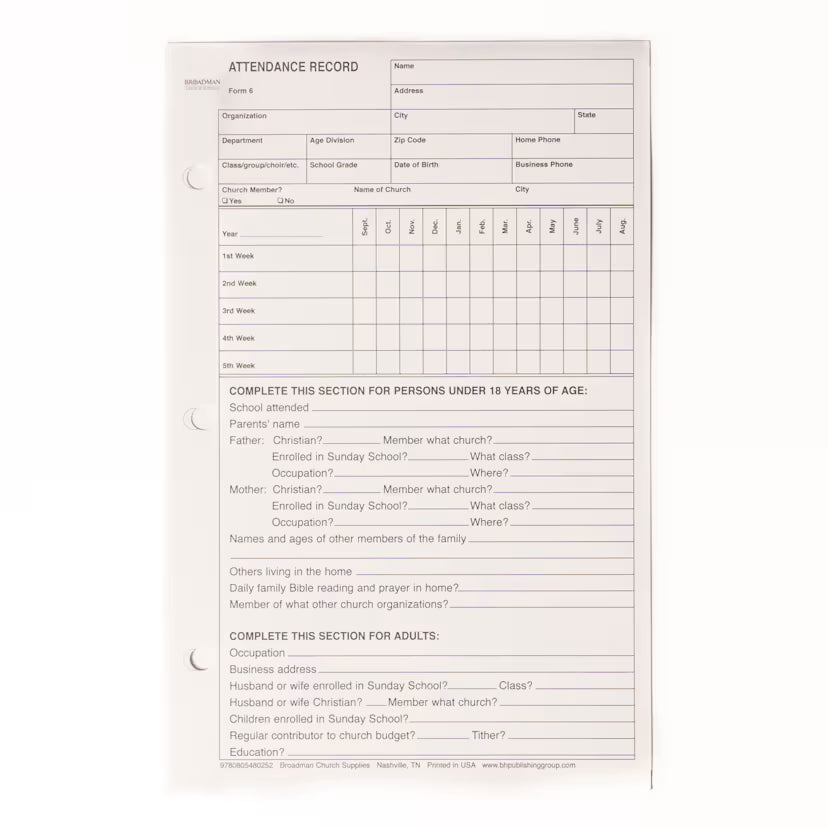 Attendance Record Card (Package of 100): Form 6