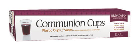 Box of 100 plastic communion cups from World Communion Cups with product label visible