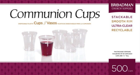 Box of 500 plastic communion cups from World Communion Cups with product label visible
