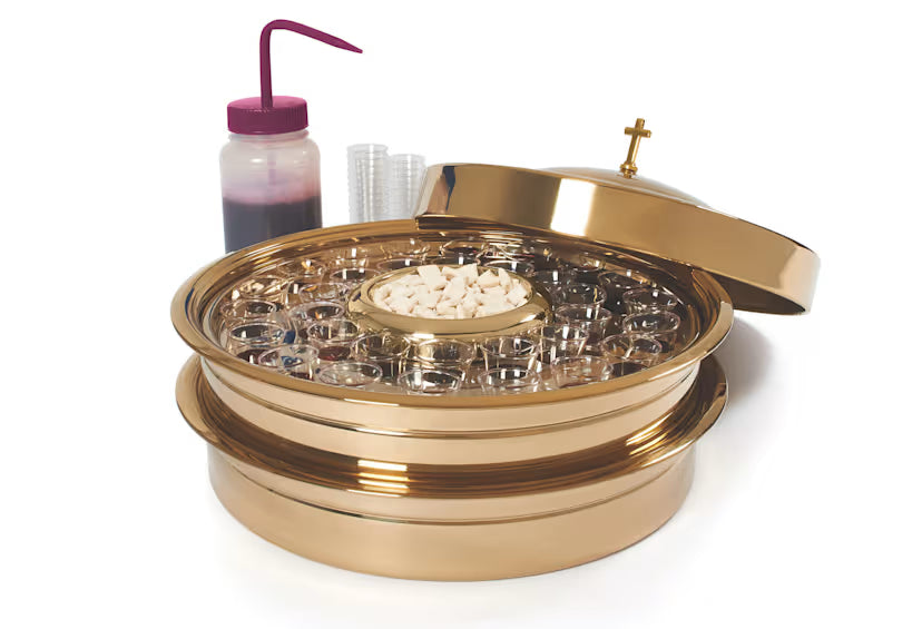 RemembranceWare: Communion Starter Kit - Brass Finish: Stainless Steel Communion Service / Communion Cup Filler / Smooth-Rim Plastic Cups
