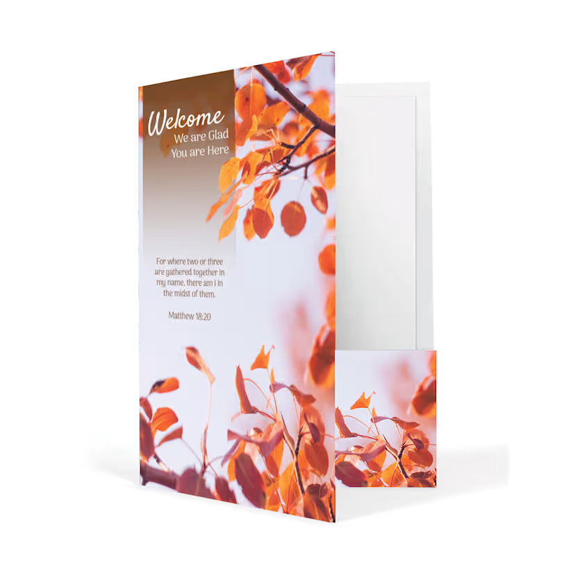 Welcome Folder: We Are Glad You Are Here - Fall (Package of 12): Matthew 18:20 (KJV)