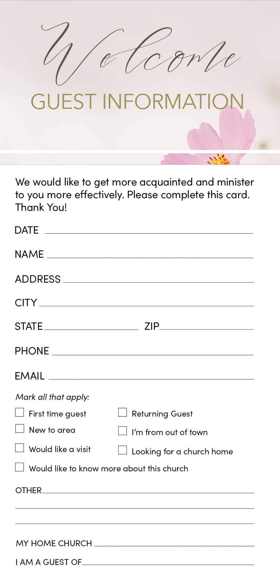 Guest Information Card: Welcome - Spring (Package of 50) by Broadman and Holman, product view 2