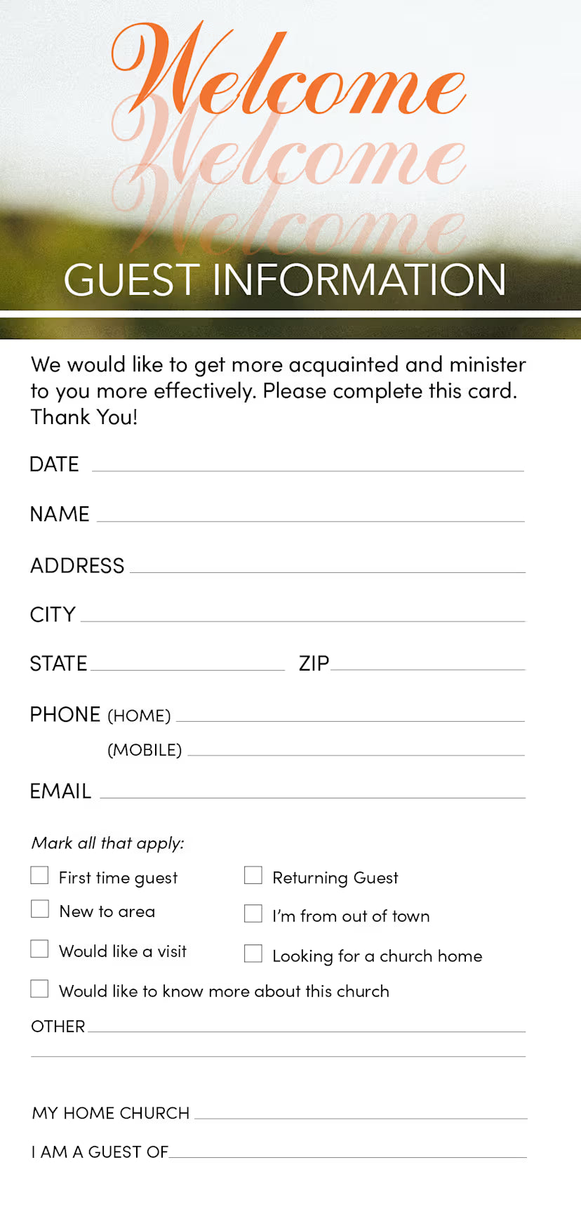 Guest Information Card: Welcome - Spring (Package of 50)