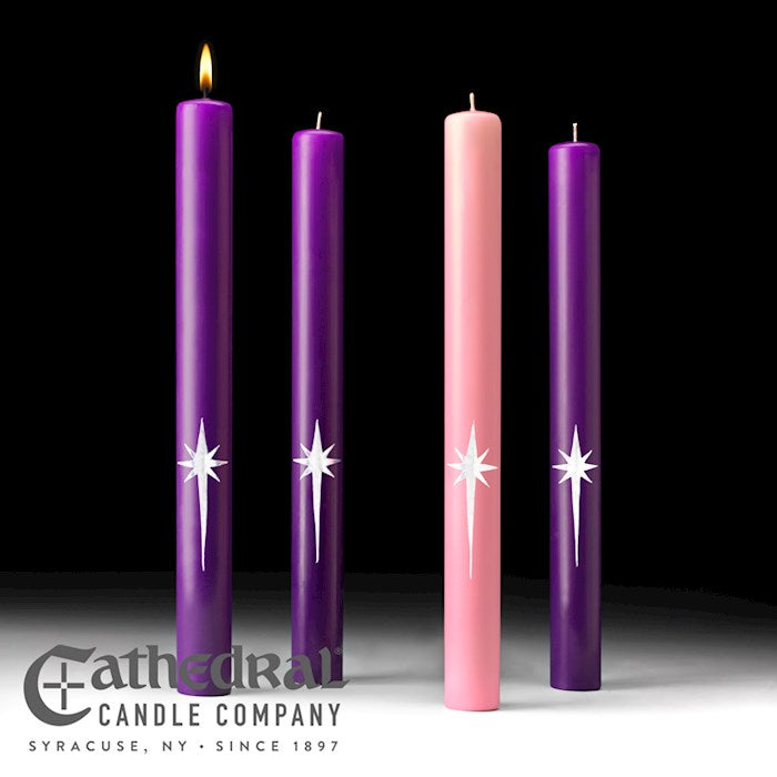 Advent Candle-Star Of The Magi-3 Purple/1 Rose (1 1/2" x 16")-51% Beeswax/APE, one of the items in the Star of the Magi Advent Church Candles with Brass Followers. A photograph of the assembled set is pending.