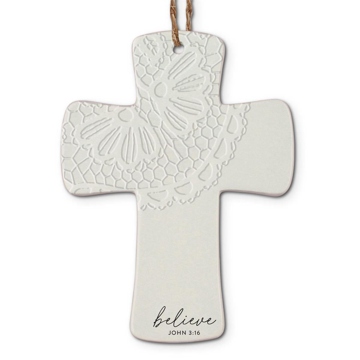 Christmas Ornament Cross Lace Believe, one of the items in the Lace Cross Christmas Ornaments: Believe, Jesus, Blessed. A photograph of the assembled set is pending.