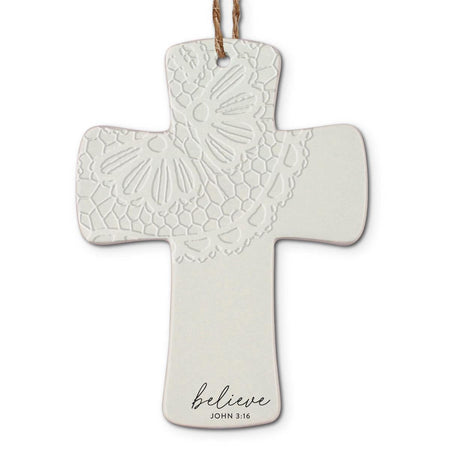 Christmas Ornament Cross Lace Believe, one of the items in the Lace Cross Christmas Ornaments: Believe, Jesus, Blessed. A photograph of the assembled set is pending.