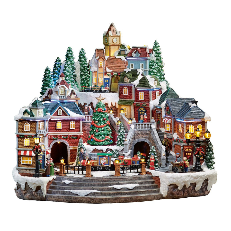 14.8"H Animated Village Town (Moving Train & Tree) - LED, 8 Music, Adapter - Hand-Painted Resin