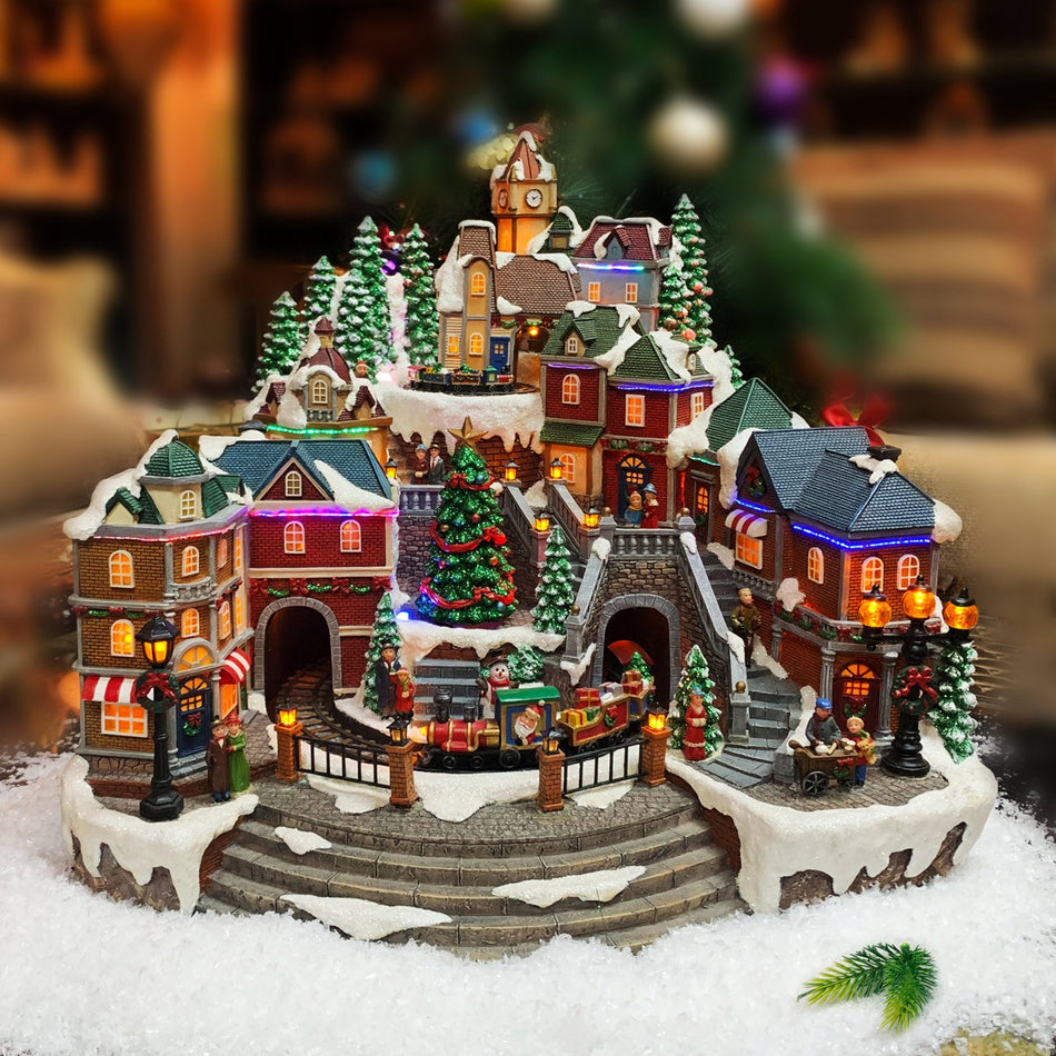 14.8"H Animated Village Town (Moving Train & Tree) - LED, 8 Music, Adapter - Hand-Painted Resin