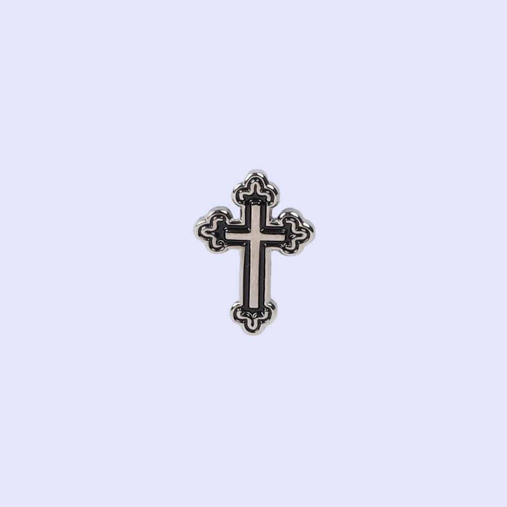 LAPEL PIN BUDDED CROSS SILVER/BLACK PK3