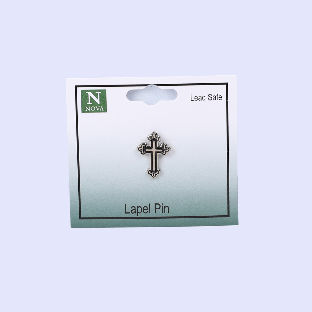 LAPEL PIN BUDDED CROSS SILVER/BLACK PK3