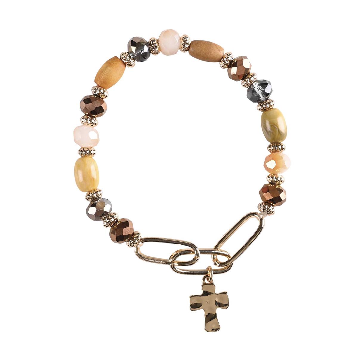 Bracelet Brown Multi Bead With Cross by Dicksons