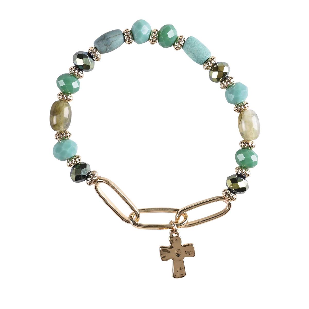 Bracelet Green Multi Bead With Cross by Dicksons