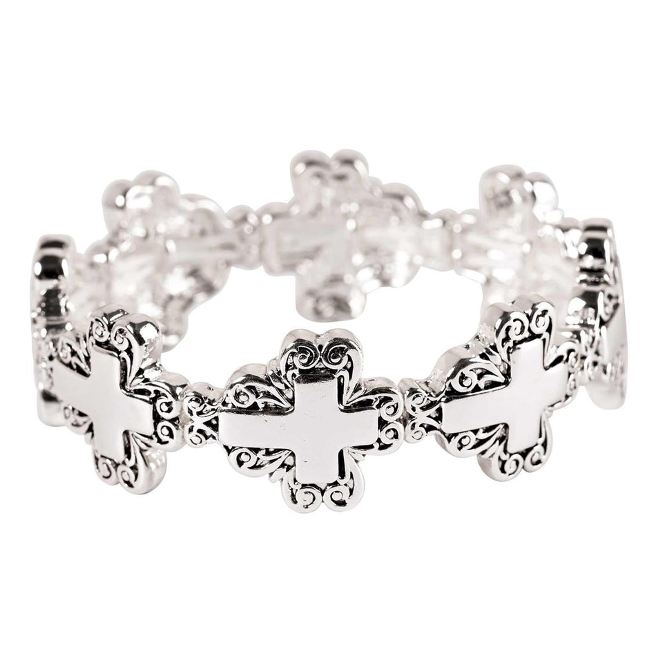 Elegant Multi-Filigree Cross Stretch Bracelet for Women Silver-Tone Ornate by Dicksons