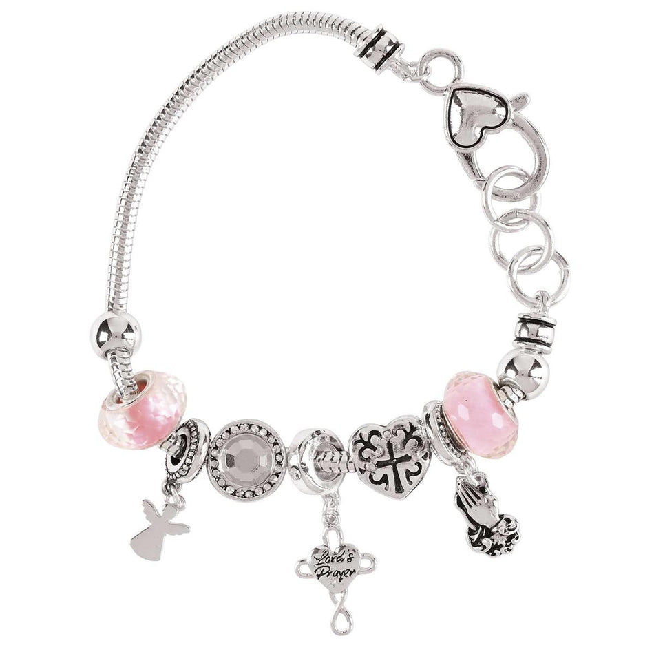 The Lord's Prayer Angel & Cross Charm Bracelet Elegant Silver-Tone Snake Chain by Dicksons