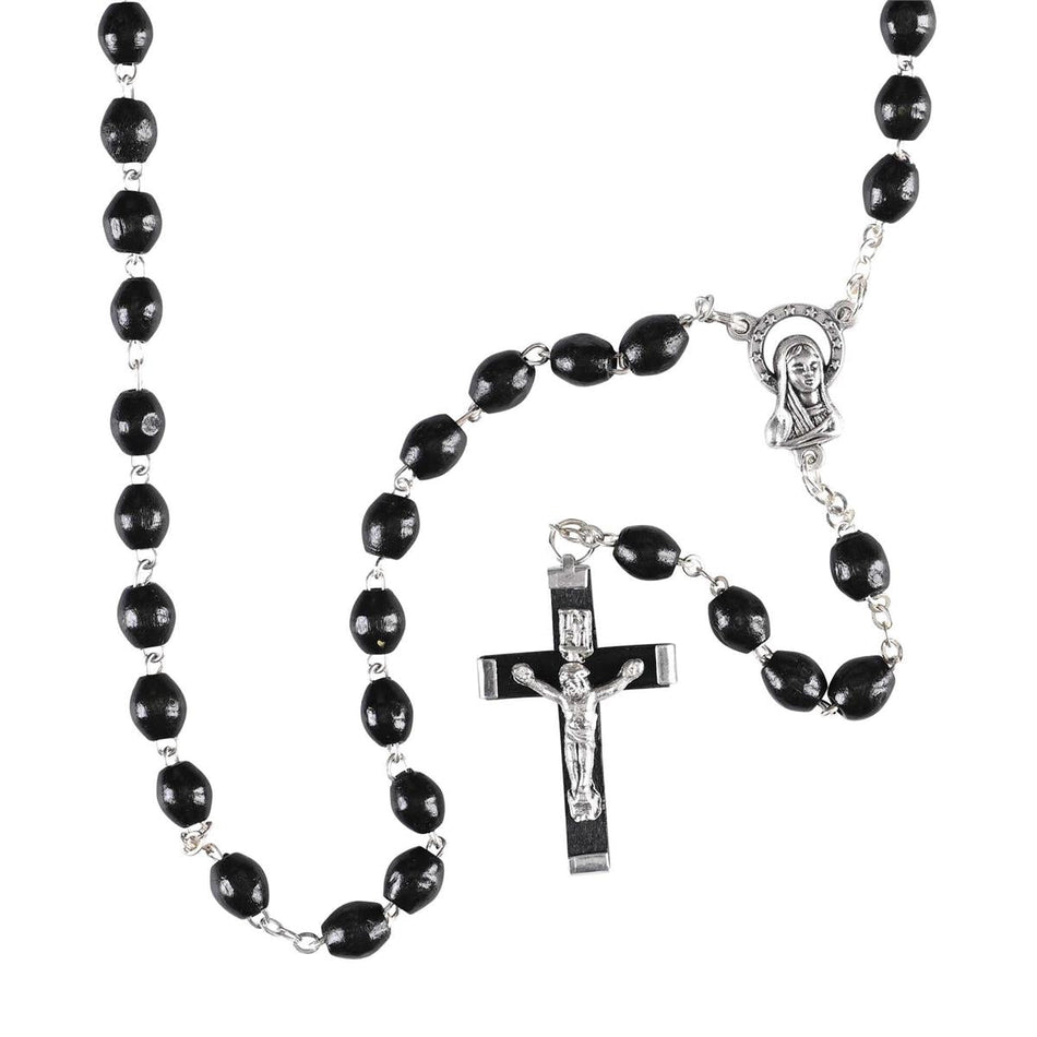Black Wood Bead Rosary Necklace with Silver Plate Crucifix & Miraculous Medal by Dicksons
