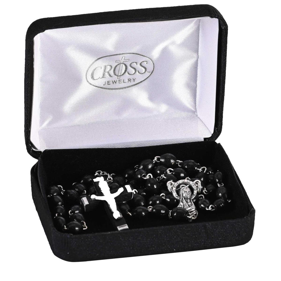 Black Wood Bead Rosary Necklace with Silver Plate Crucifix & Miraculous Medal by Dicksons, product view 2