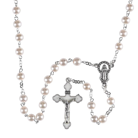 Elegant Glass Pearl Bead Rosary Necklace with Silver Plate Crucifix by Dicksons
