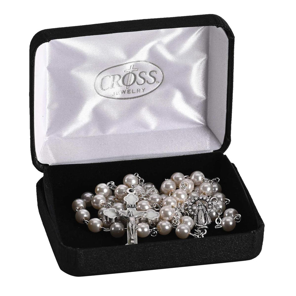 Elegant Glass Pearl Bead Rosary Necklace with Silver Plate Crucifix by Dicksons, product view 2