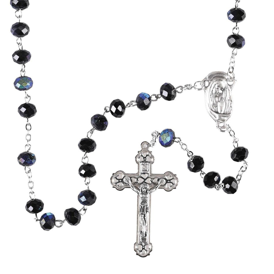 Jet Black & Aurora Borealis Faceted Glass Bead Rosary Necklace with Silver-Tone by Dicksons