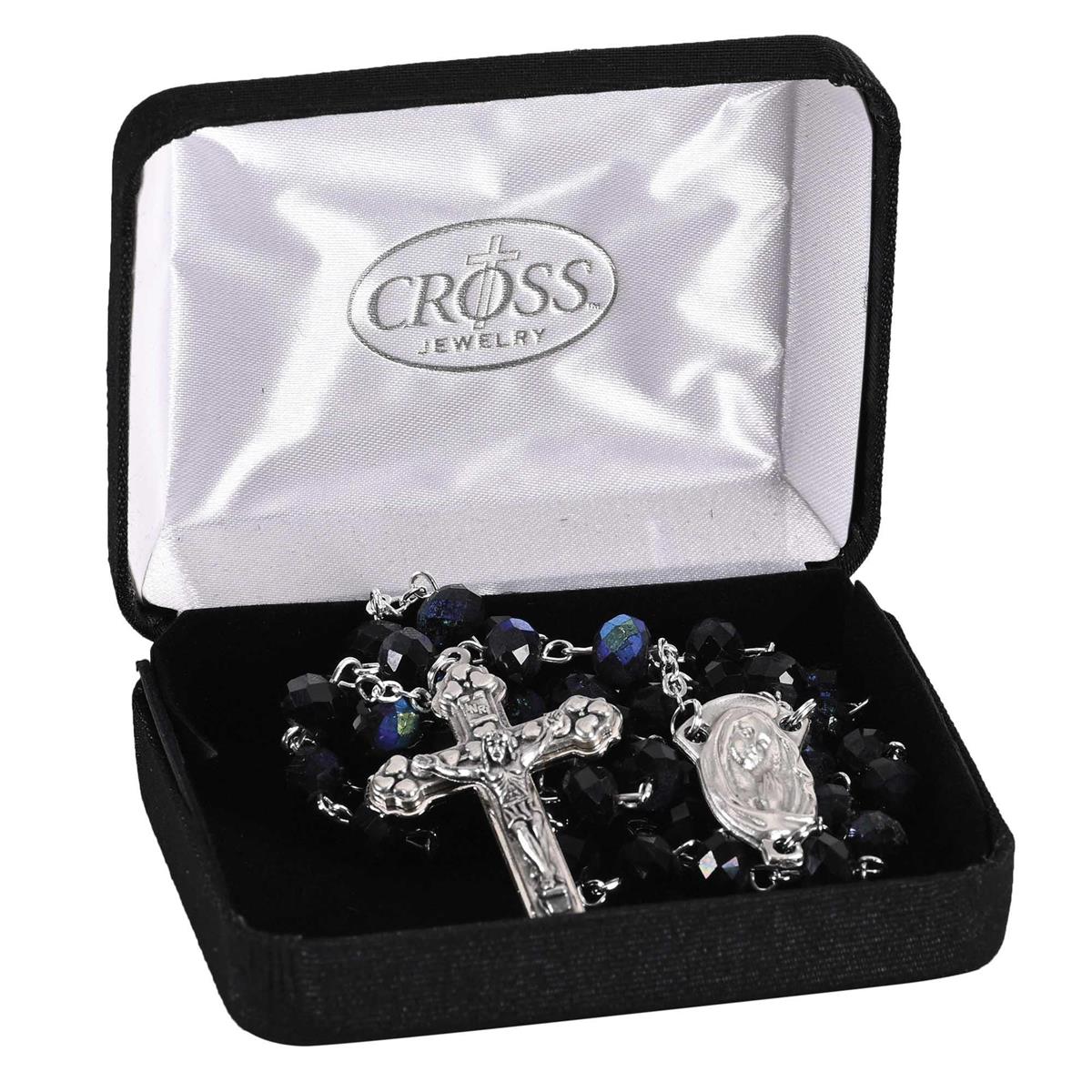 Jet Black & Aurora Borealis Faceted Glass Bead Rosary Necklace with Silver-Tone by Dicksons, product view 2